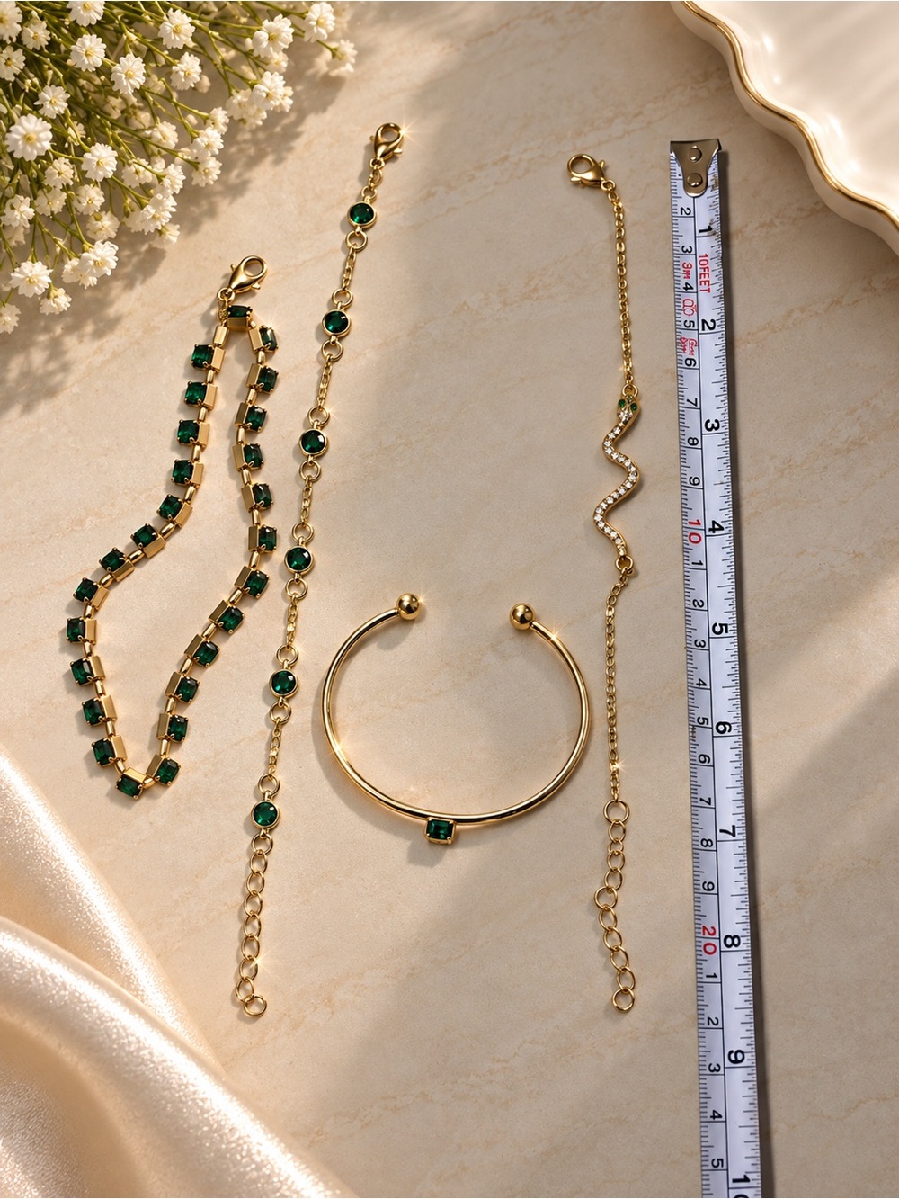 Gold & Emerald Green Bracelet Set for Women - Elegant Layered Jewelry